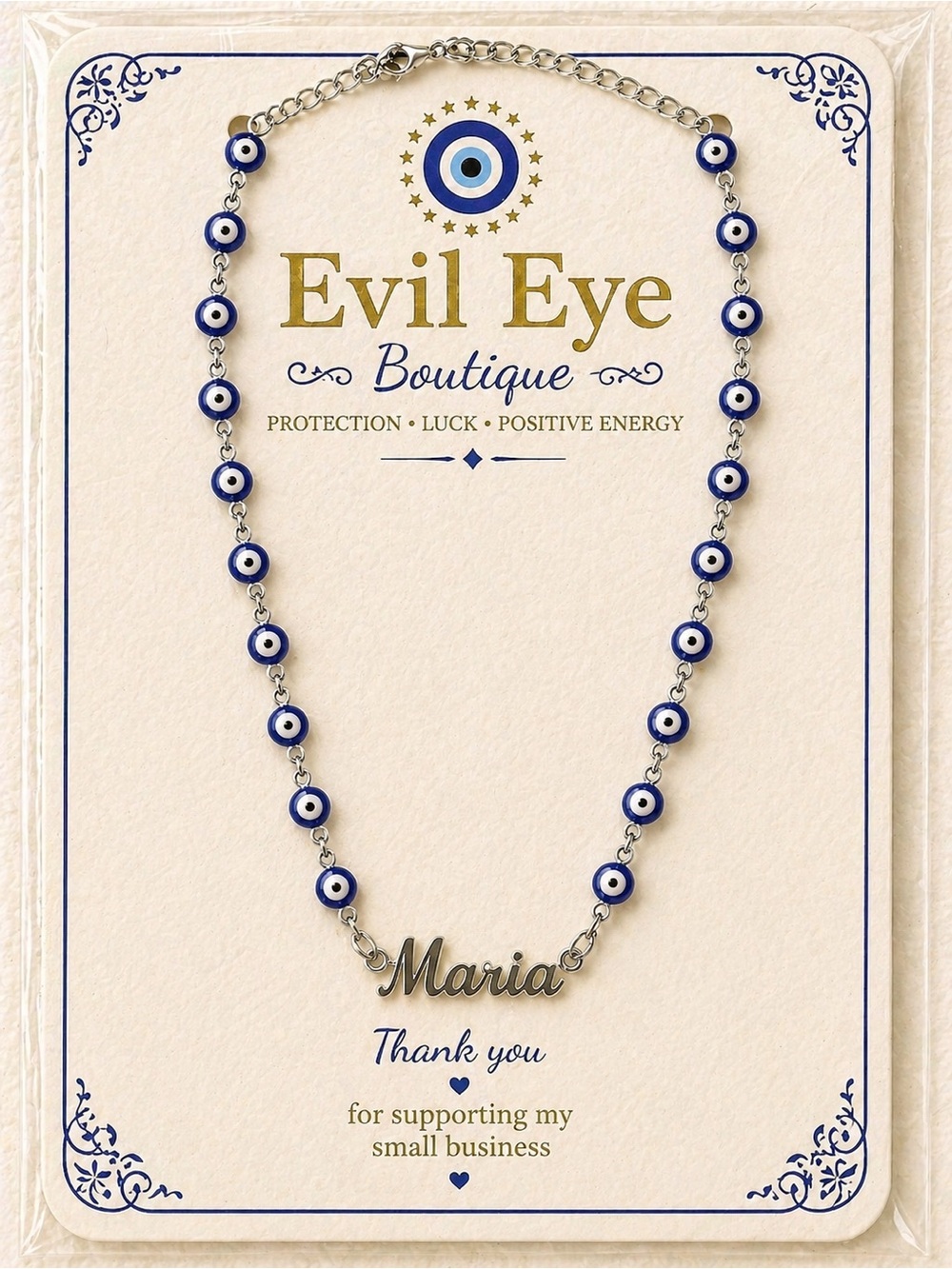 "Maria" Blue Evil Eye Name Necklace